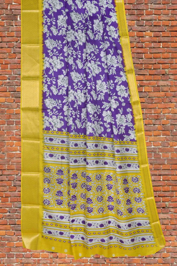 Violet Semi Dola Floral Printed Zari Border Saree