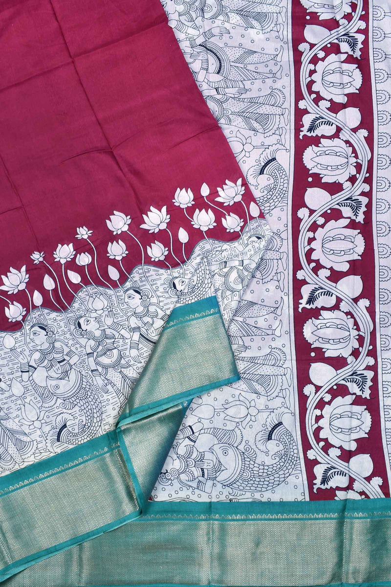 Maroon and White Semi Dola Lotus And Fish Design Teal Green Border Saree