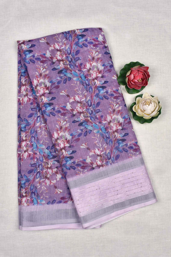 Light Violet Semi Linen Flowers Garden Design Digital Print Fancy Border Saree