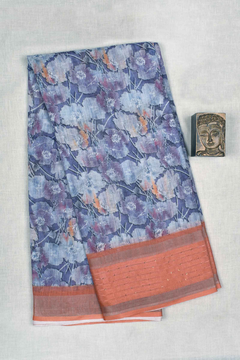 Violet Semi Linen All Over Multi Colour Flowers Garden Design Orange Fancy Border Saree