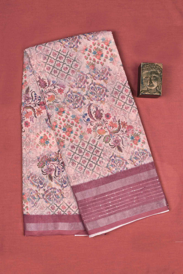 Pink Semi Linen All Over Flowers Design Sequence Border Saree