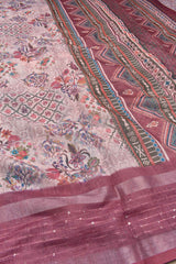 Pink Semi Linen All Over Flowers Design Sequence Border Saree