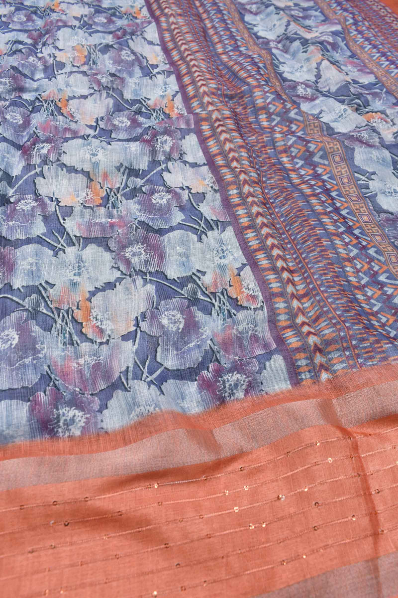 Violet Semi Linen All Over Multi Colour Flowers Garden Design Orange Fancy Border Saree