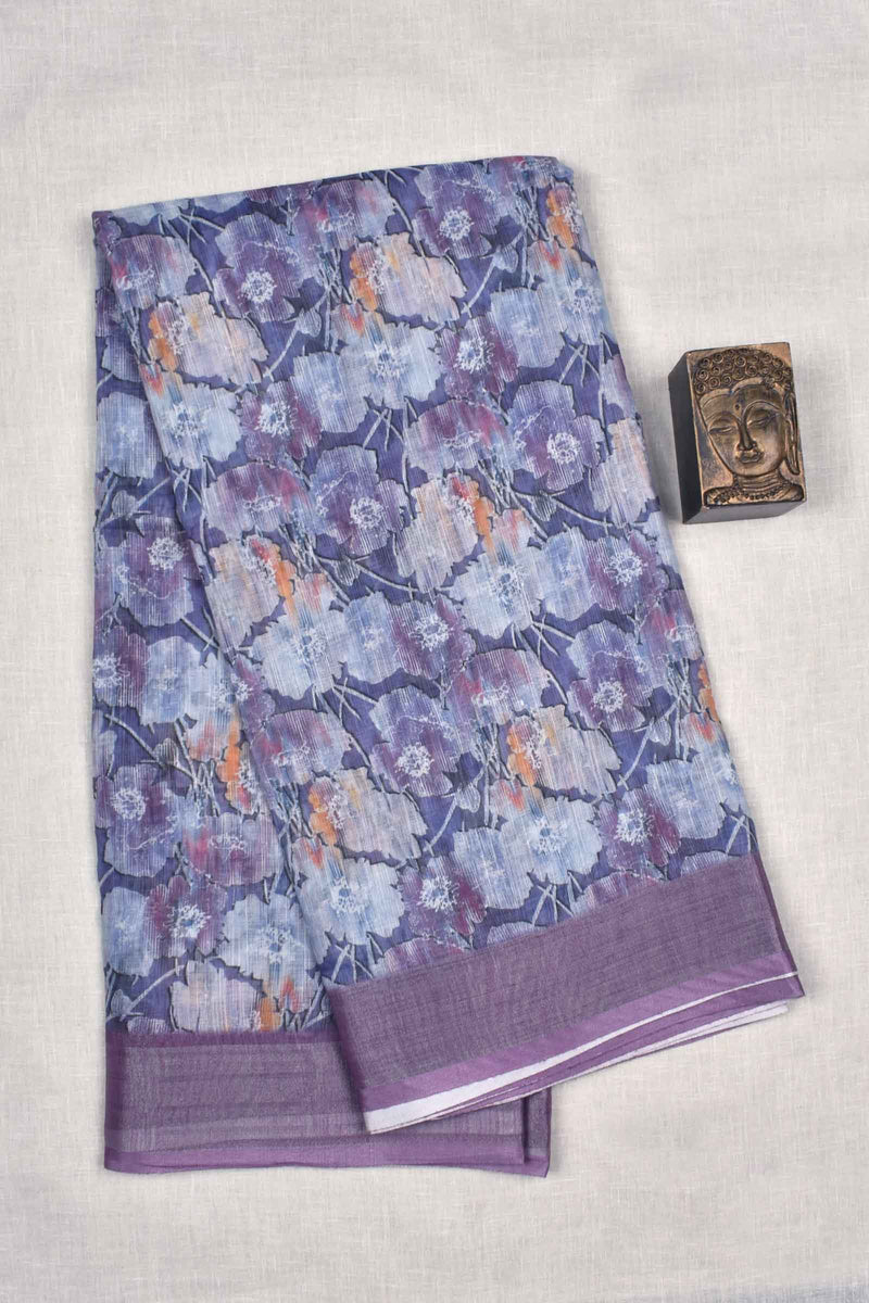 Violet Semi Linen All Over Flowers Garden Design Fancy Border Saree