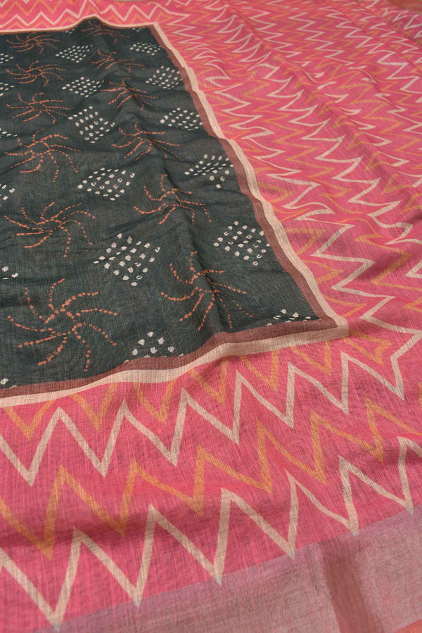 Green Semi Linen All Over Fire Crackers Print Design Pink Fancy Waves Border Saree