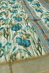 Off White Semi Linen Blue Spring Florals Digital Print  Design Fancy Border Saree