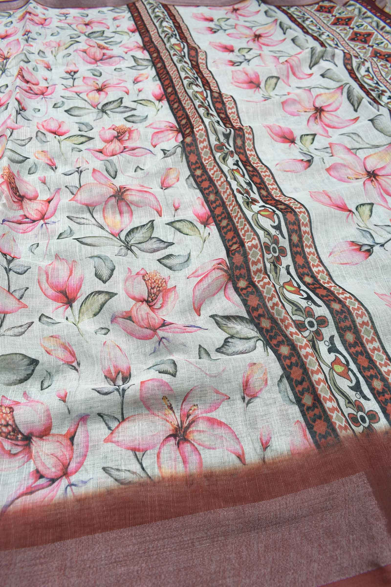 Off White Semi Linen Flowers Garden Design Digital Print Fancy Border Saree