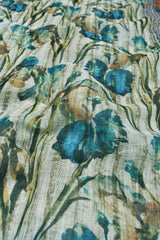 Off White Semi Linen Blue Spring Florals Digital Print  Design Fancy Border Saree