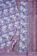 Violet Semi Linen All Over Flowers Garden Design Fancy Border Saree