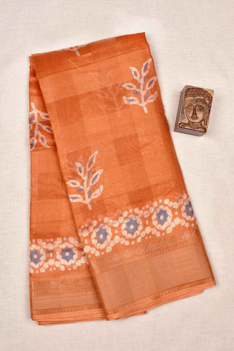 Orange Printed Cotton Self Check Floral Design Printed Blouse Saree