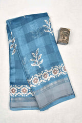 Cobalt Blue Printed Cotton Self Check Floral Design Printed Blouse Saree