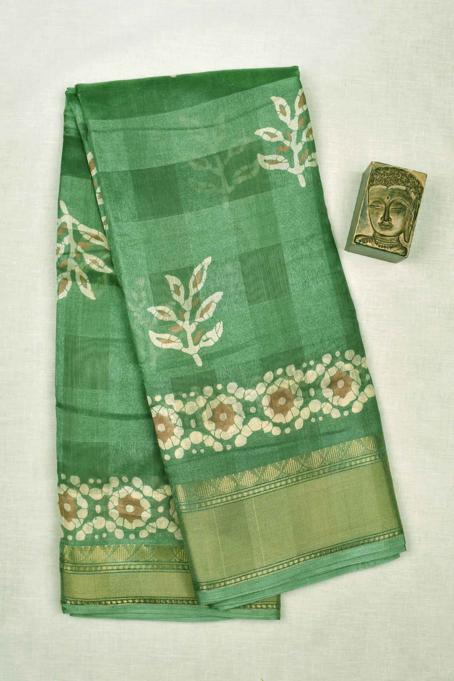 Green Printed Cotton Self Check Floral Design Printed Blouse Saree