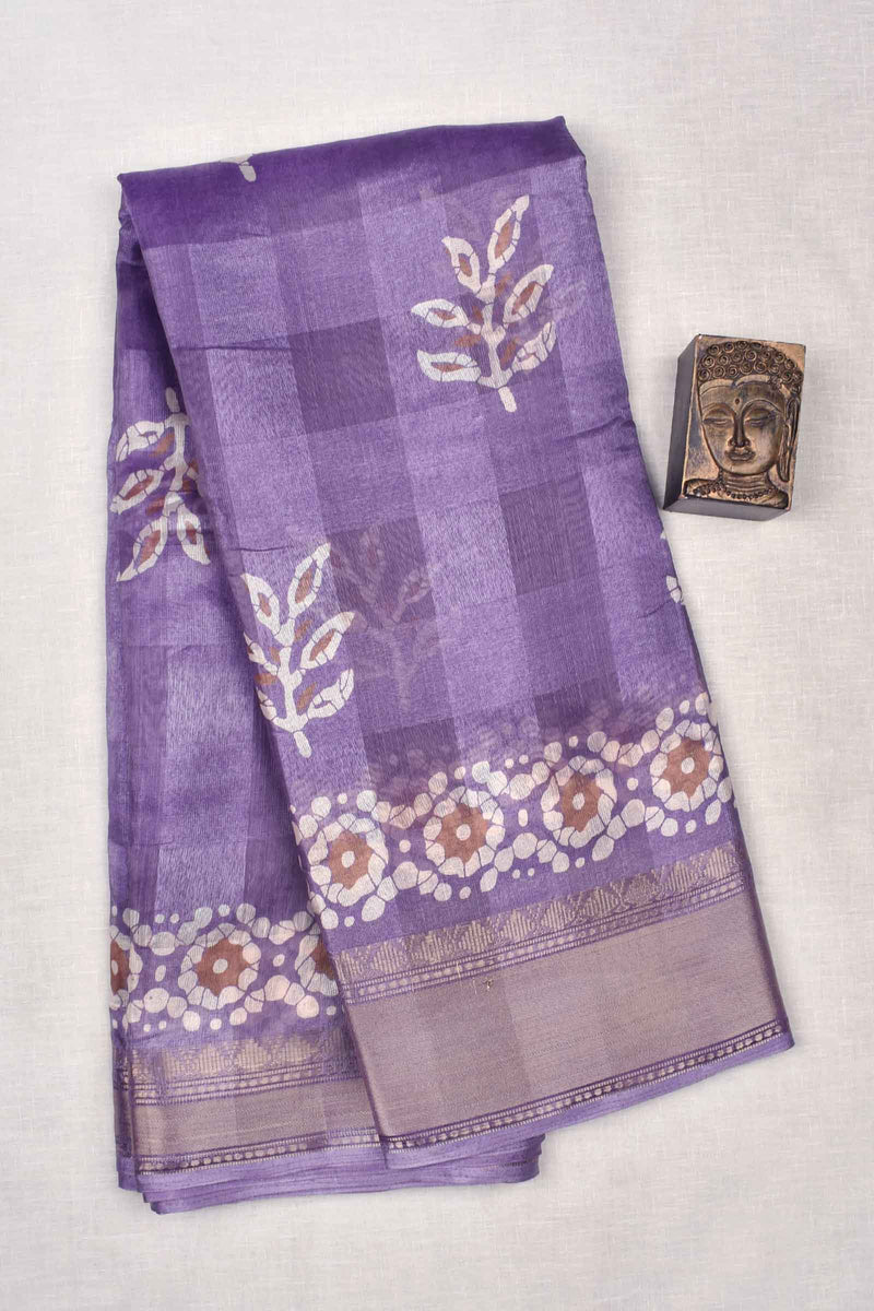 Violet Printed Cotton Self Check Floral Design Printed Blouse Saree