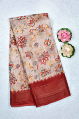 Light Beige Printed Cotton Self Check Floral Print Red Border Saree