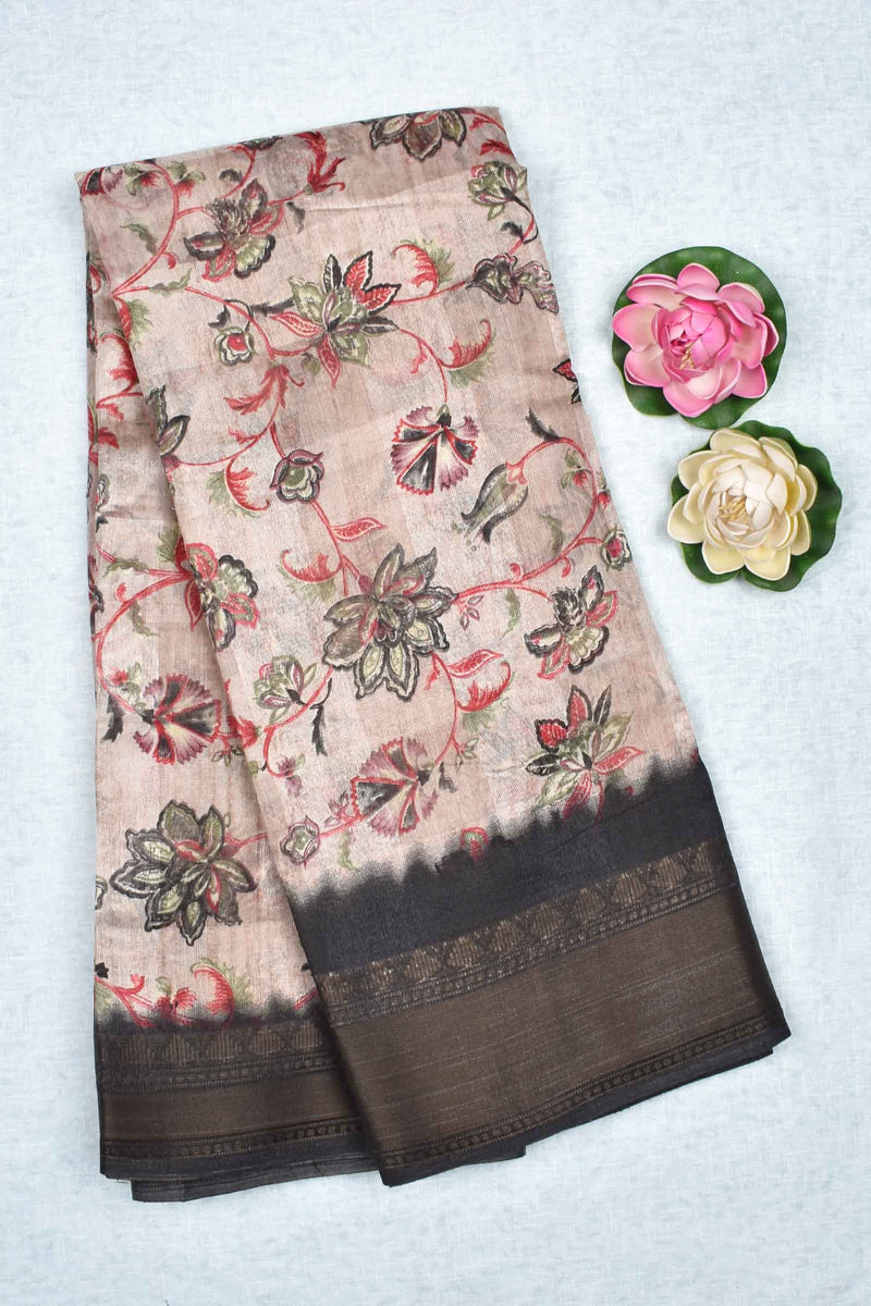 Light Beige Printed Cotton Self Check Floral Print Black Border Saree