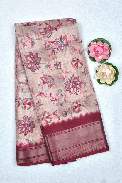 Light Beige Printed Cotton Self Check Floral Print Maroon Border Saree