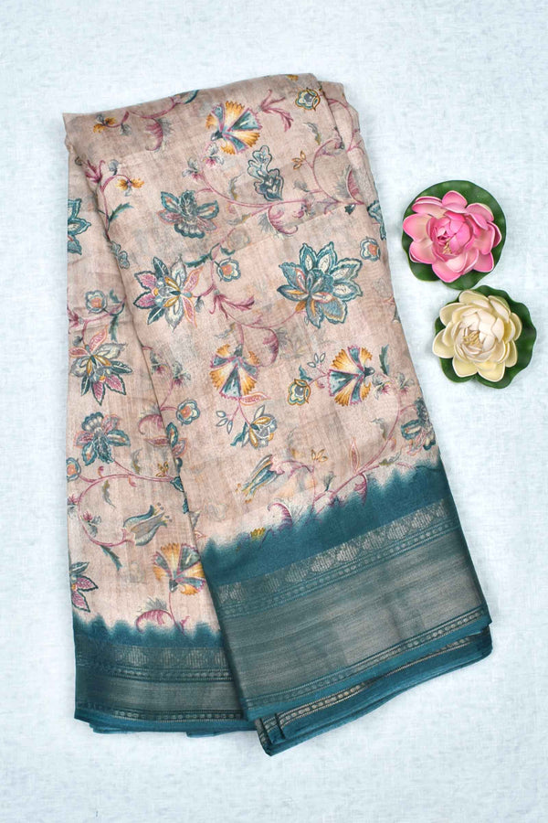 Light Beige Printed Cotton Self Check Floral Print Teal Green Border Saree