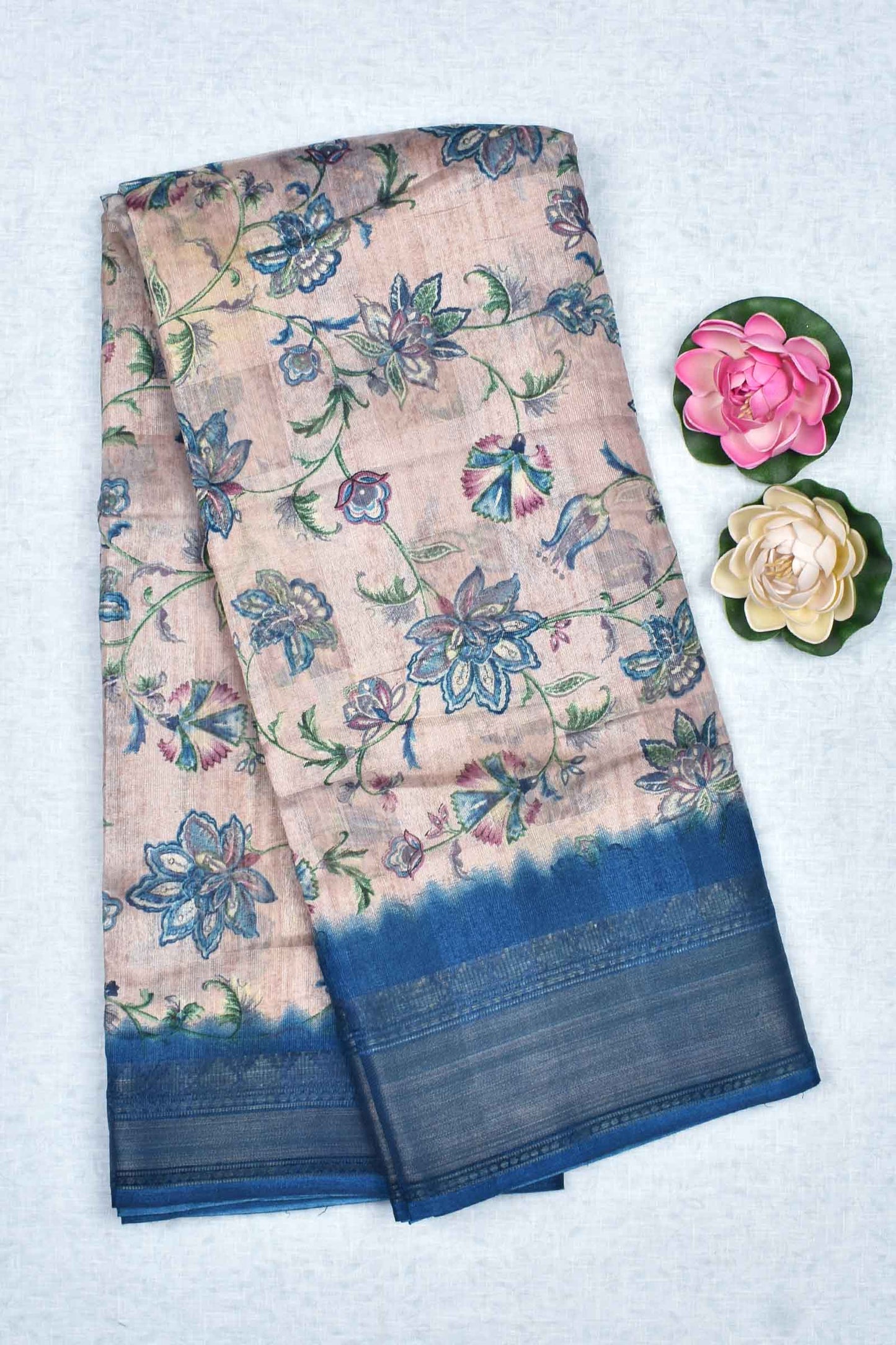 Light Beige Printed Cotton Self Check Floral Print  Blue Border Saree