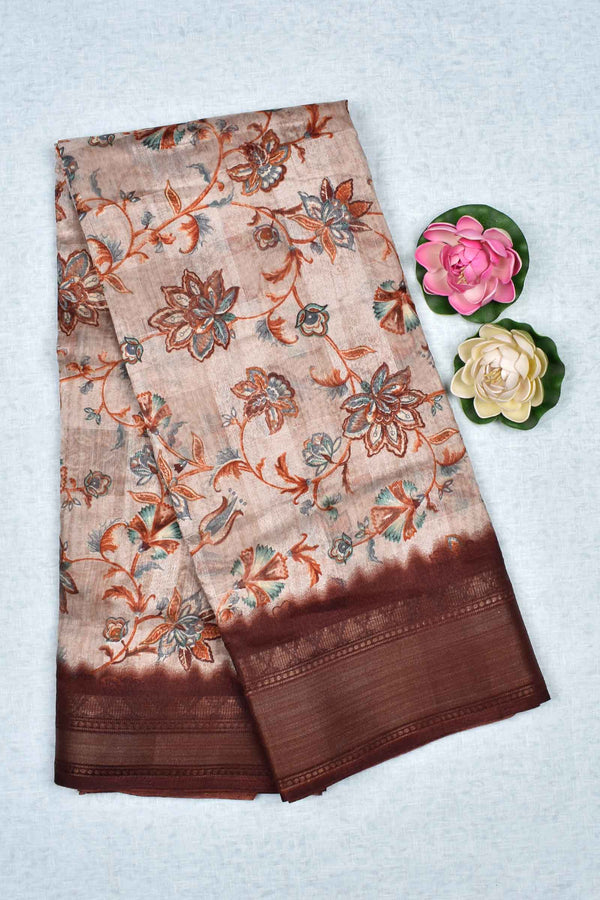 Light Beige Printed Cotton Self Check Floral Print Brown Border Saree