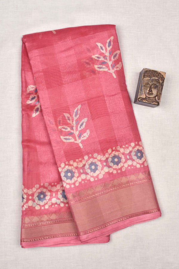 Barbie Pink Printed Cotton Self Check Floral Design Printed Blouse Saree