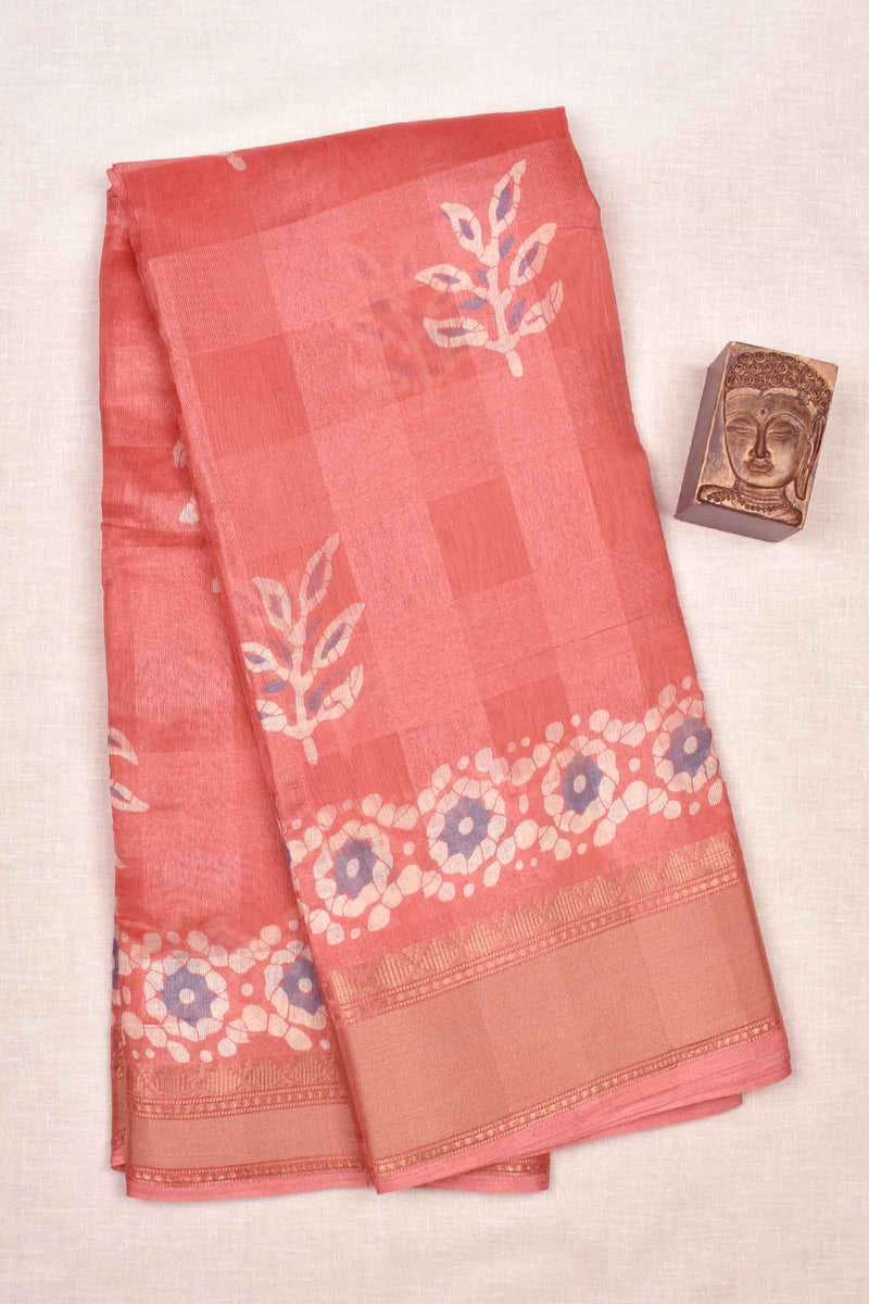 Peach Printed Cotton Self Check Floral Design Printed Blouse Saree