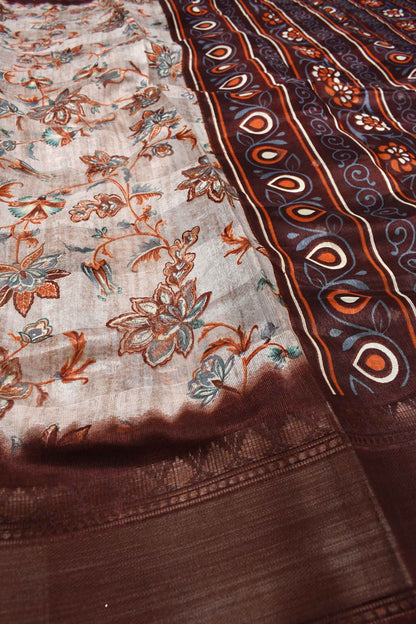 Light Beige Printed Cotton Self Check Floral Print Brown Border Saree