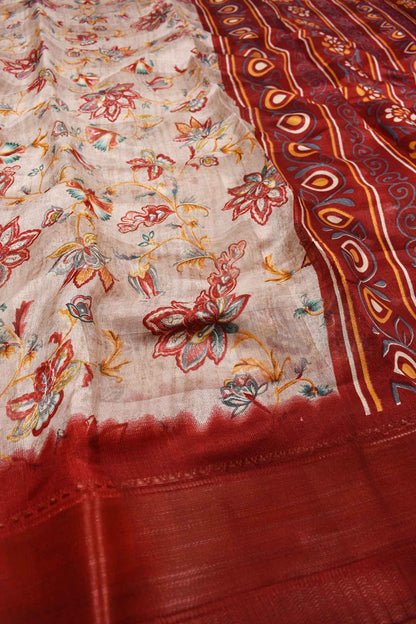 Light Beige Printed Cotton Self Check Floral Print Red Border Saree