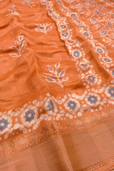 Orange Printed Cotton Self Check Floral Design Printed Blouse Saree