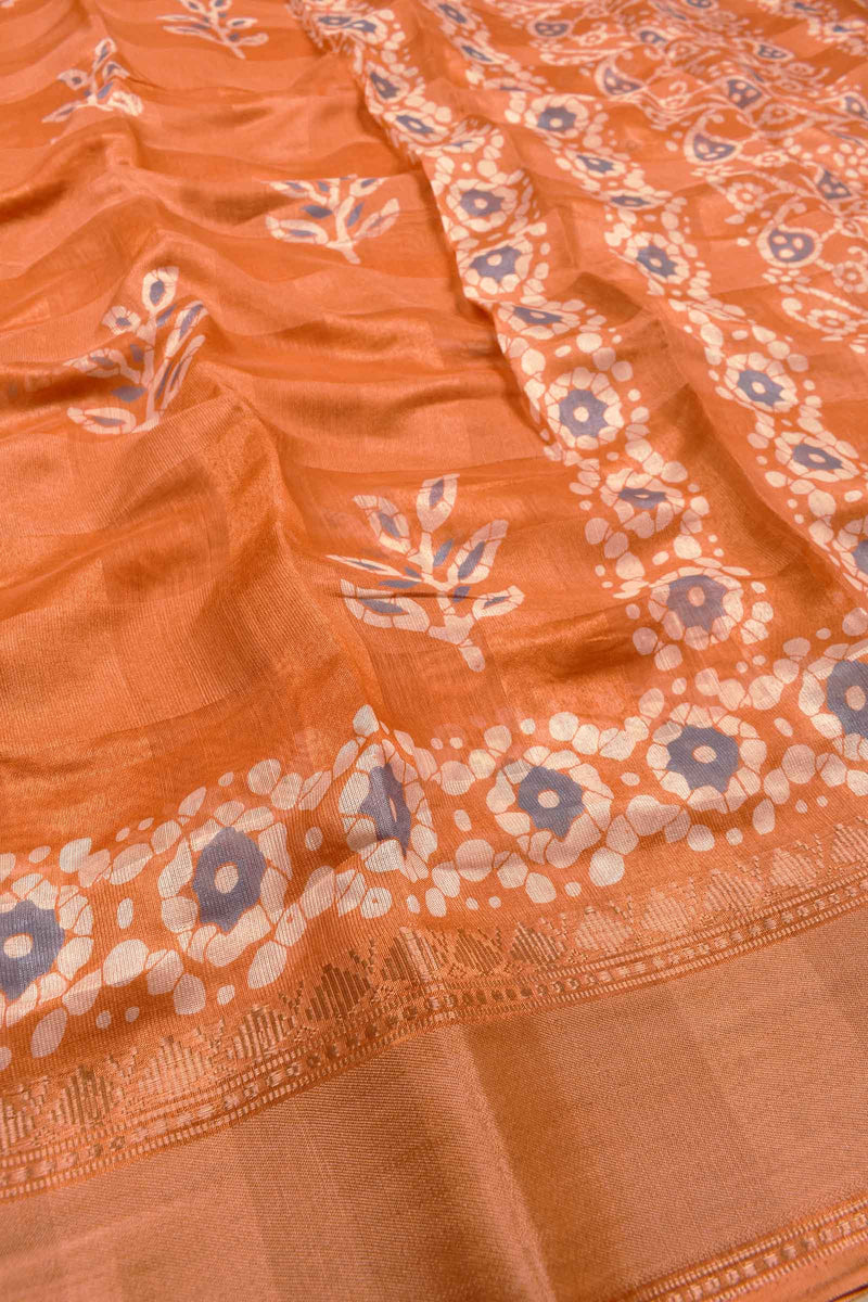 Orange Printed Cotton Self Check Floral Design Printed Blouse Saree