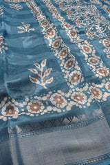 Cobalt Blue Printed Cotton Self Check Floral Design Printed Blouse Saree