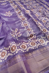 Violet Printed Cotton Self Check Floral Design Printed Blouse Saree