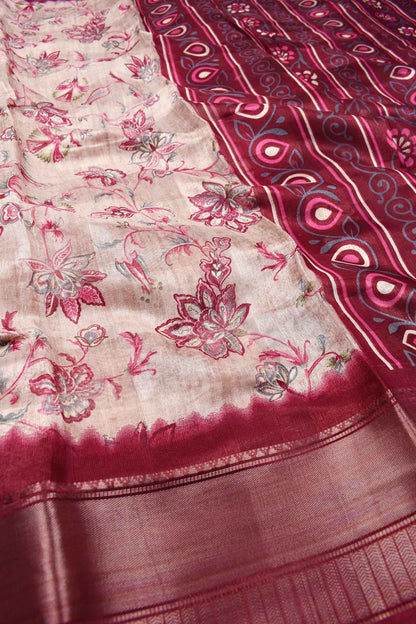 Light Beige Printed Cotton Self Check Floral Print Maroon Border Saree