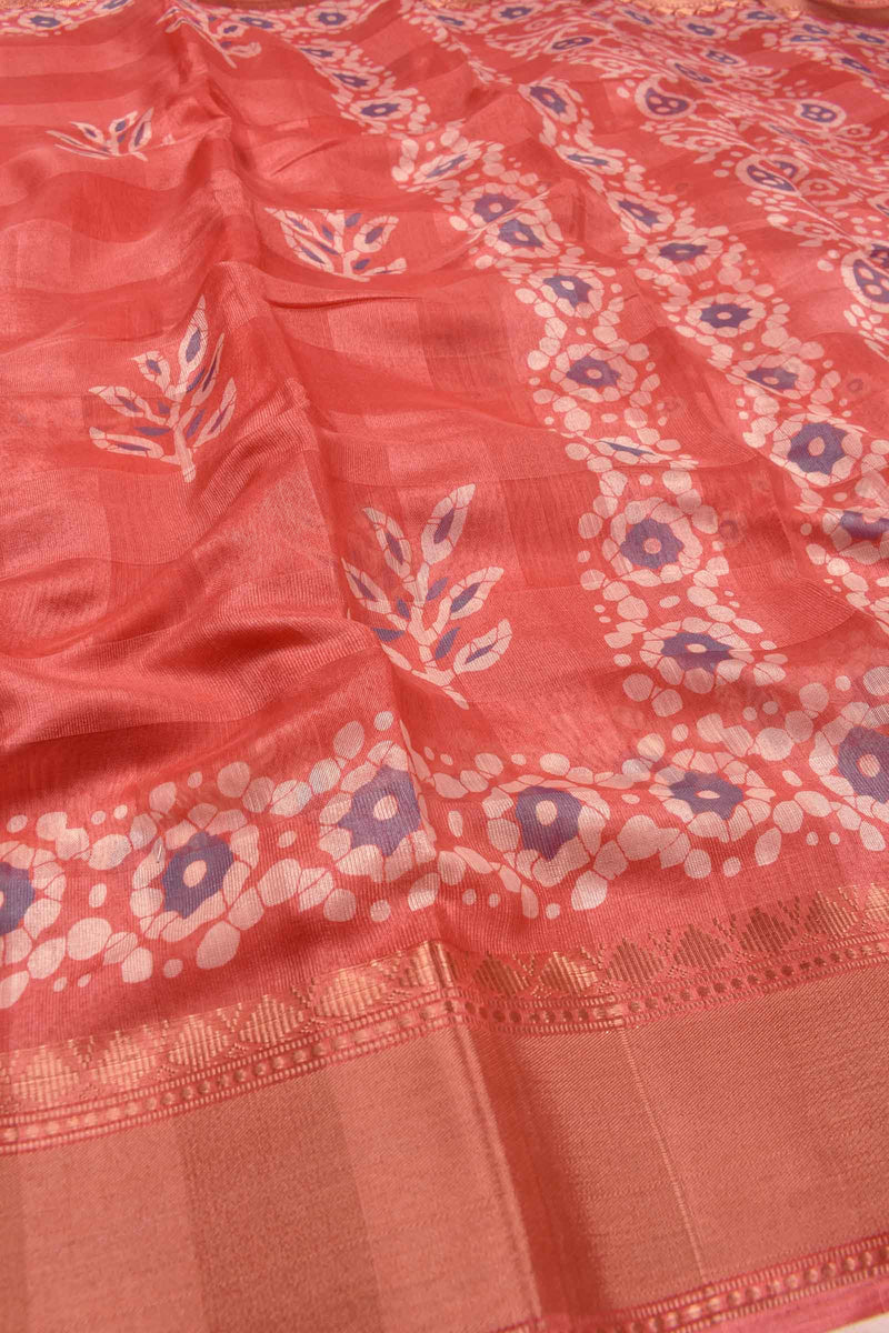 Peach Printed Cotton Self Check Floral Design Printed Blouse Saree