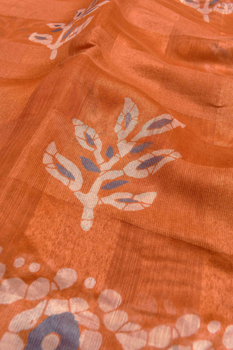 Orange Printed Cotton Self Check Floral Design Printed Blouse Saree