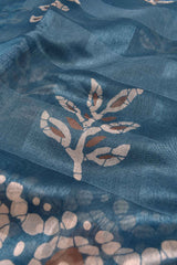 Cobalt Blue Printed Cotton Self Check Floral Design Printed Blouse Saree