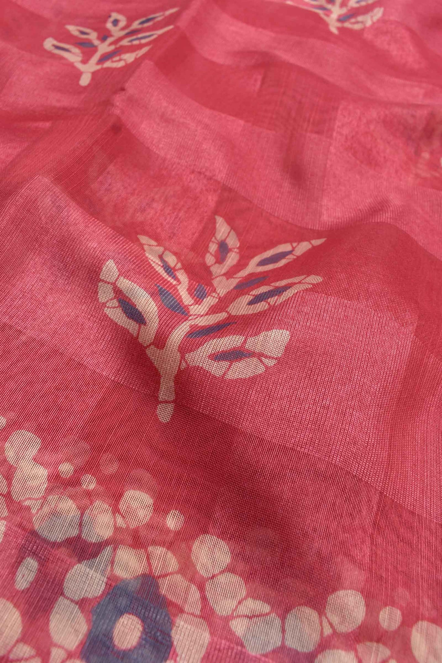 Barbie Pink Printed Cotton Self Check Floral Design Printed Blouse Saree