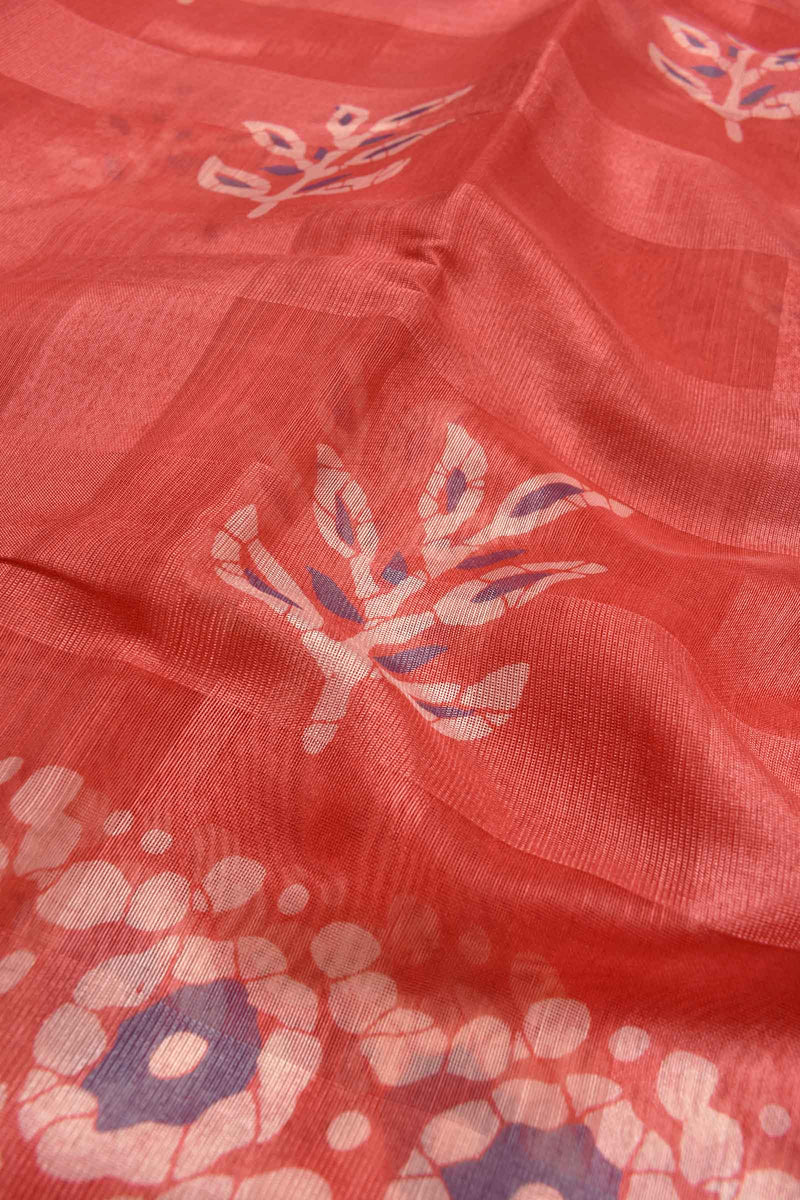 Peach Printed Cotton Self Check Floral Design Printed Blouse Saree