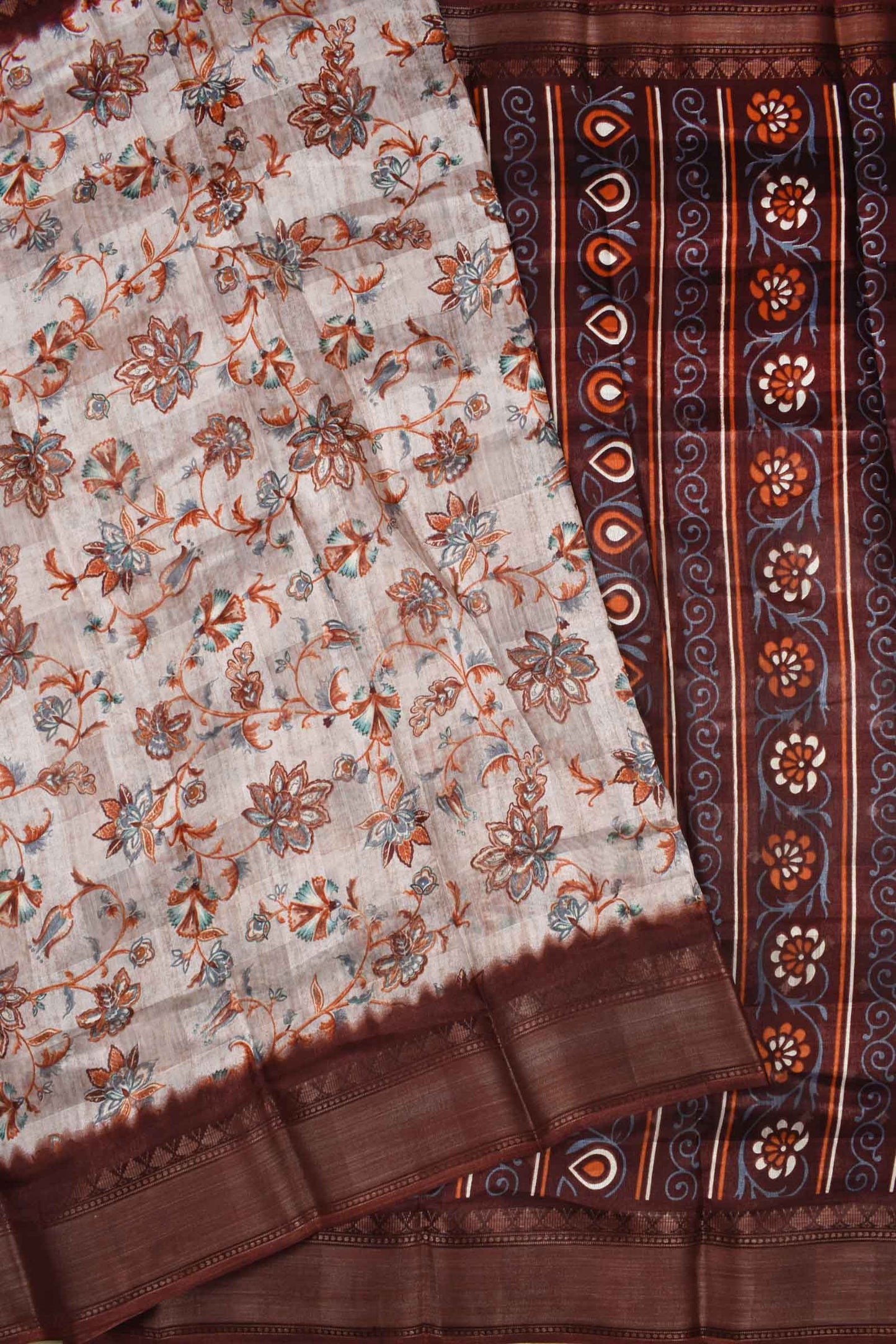 Light Beige Printed Cotton Self Check Floral Print Brown Border Saree