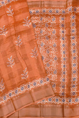 Orange Printed Cotton Self Check Floral Design Printed Blouse Saree