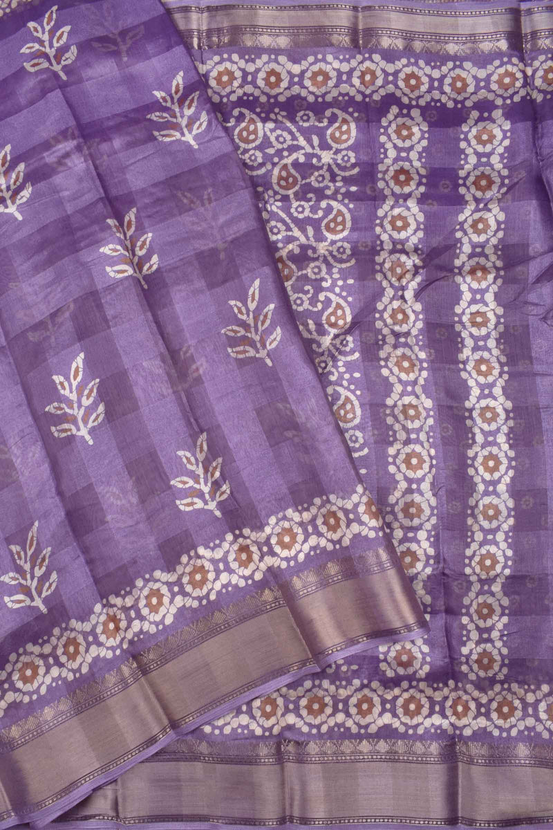 Violet Printed Cotton Self Check Floral Design Printed Blouse Saree