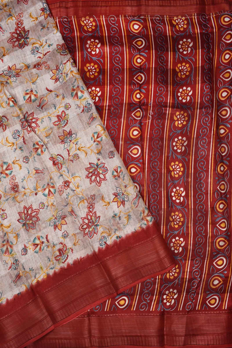 Light Beige Printed Cotton Self Check Floral Print Red Border Saree