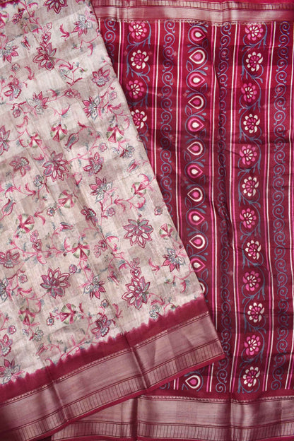 Light Beige Printed Cotton Self Check Floral Print Maroon Border Saree