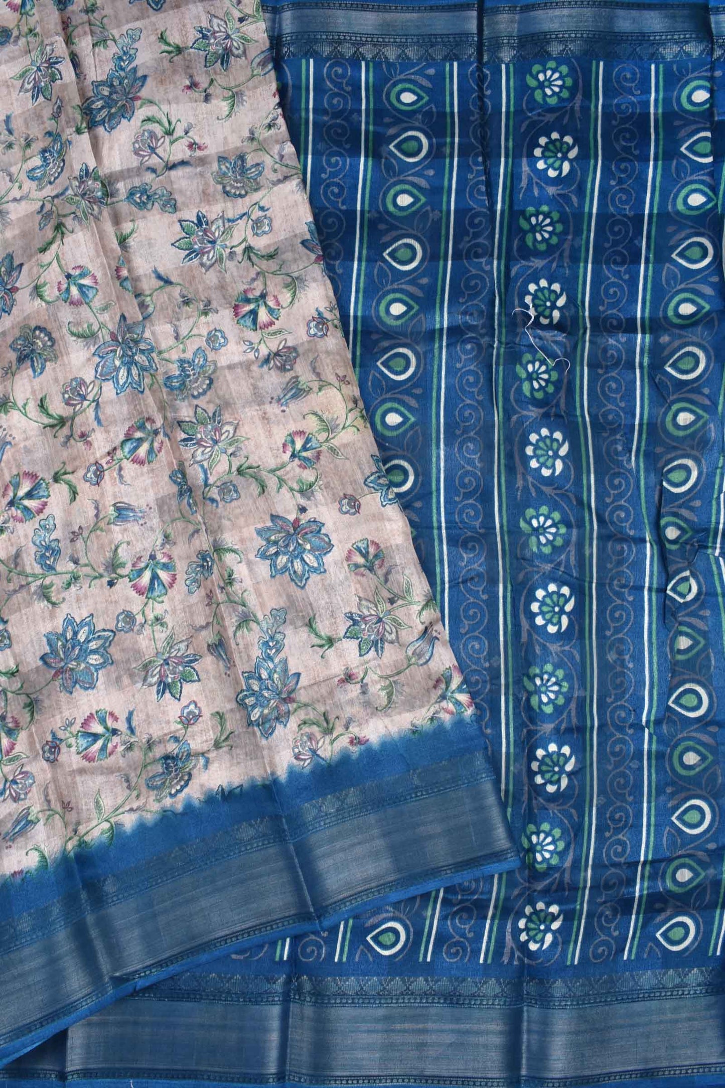 Light Beige Printed Cotton Self Check Floral Print  Blue Border Saree