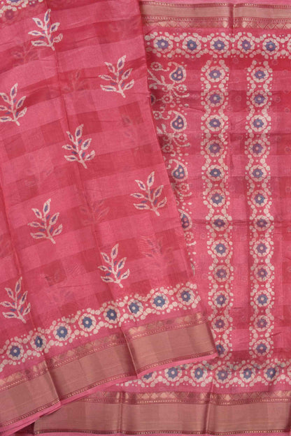 Barbie Pink Printed Cotton Self Check Floral Design Printed Blouse Saree