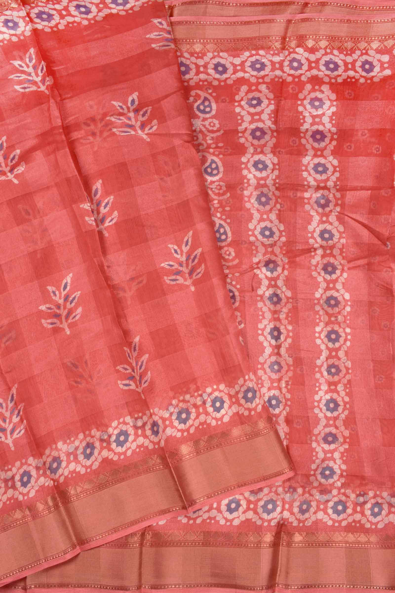 Peach Printed Cotton Self Check Floral Design Printed Blouse Saree