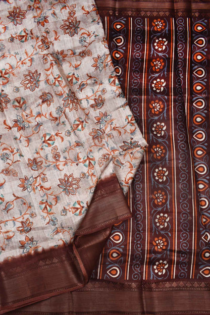 Light Beige Printed Cotton Self Check Floral Print Brown Border Saree