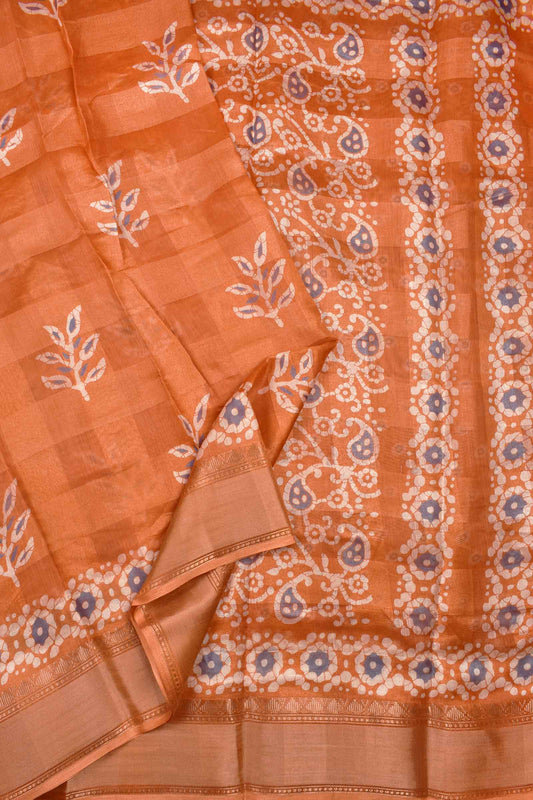 Orange Printed Cotton Self Check Floral Design Printed Blouse Saree