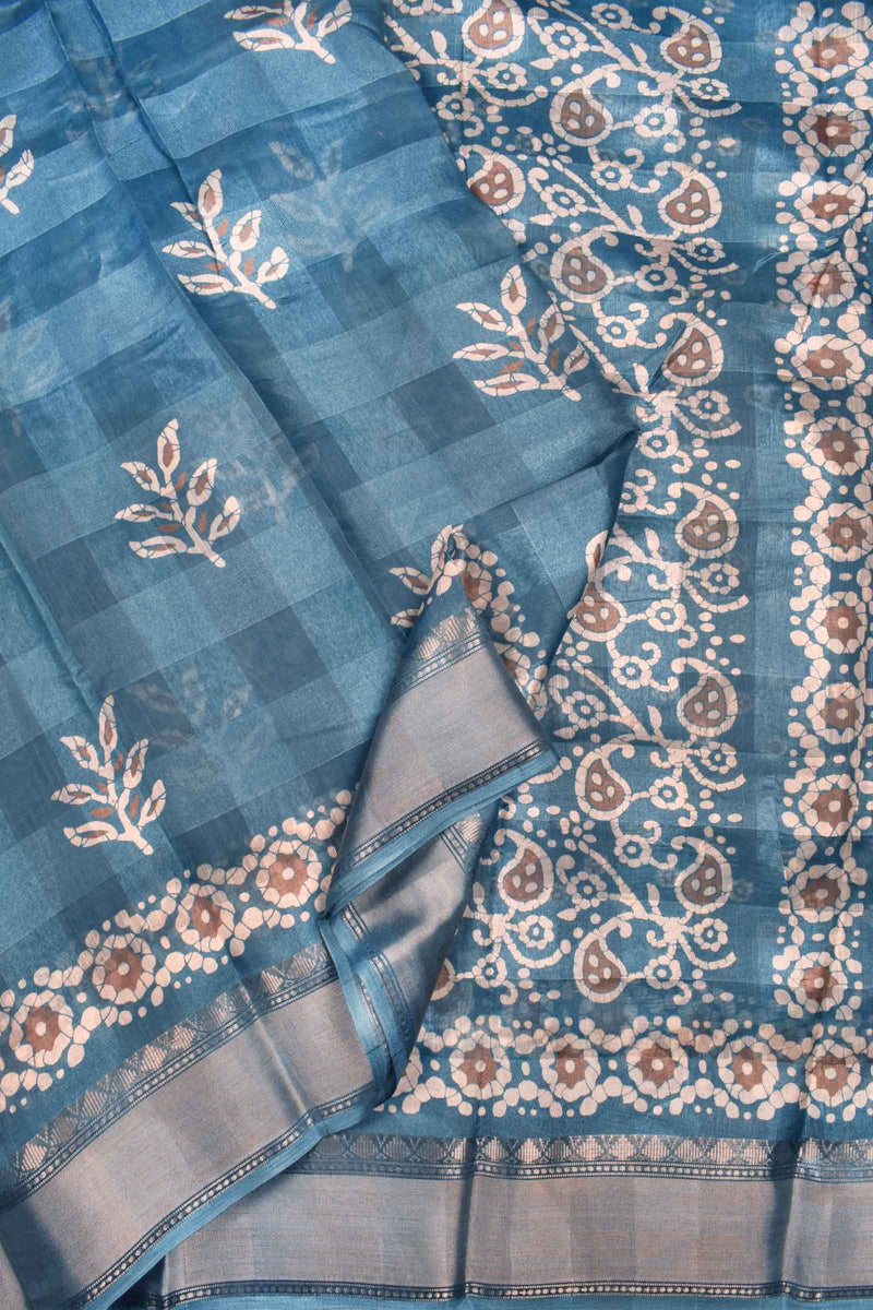 Cobalt Blue Printed Cotton Self Check Floral Design Printed Blouse Saree