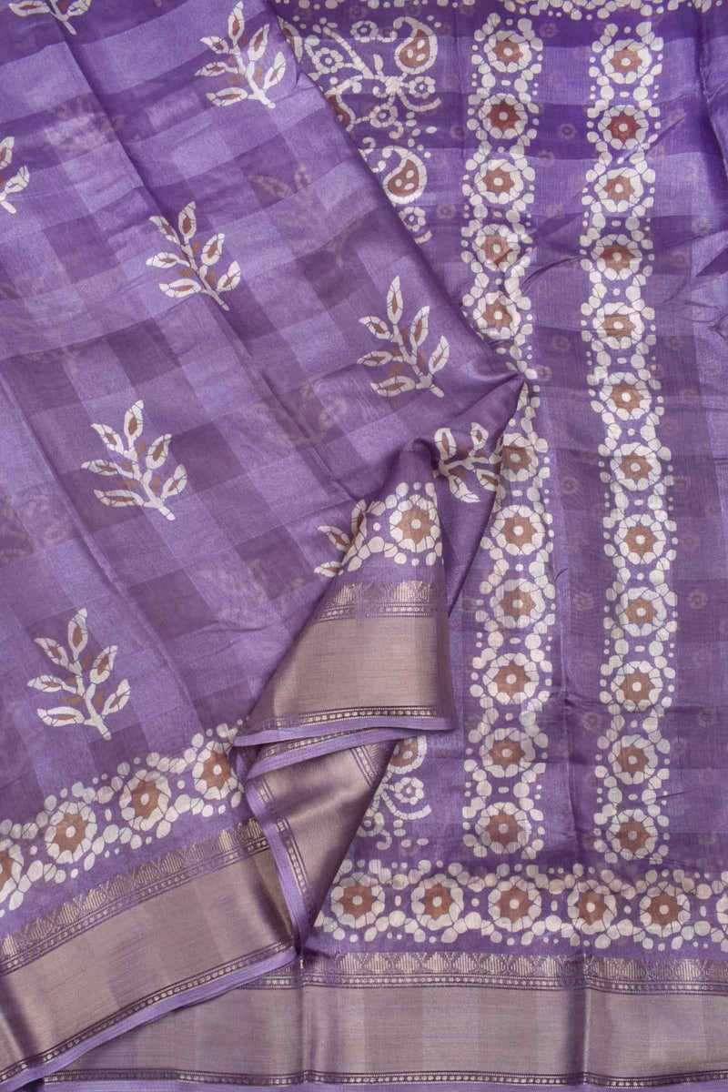 Violet Printed Cotton Self Check Floral Design Printed Blouse Saree