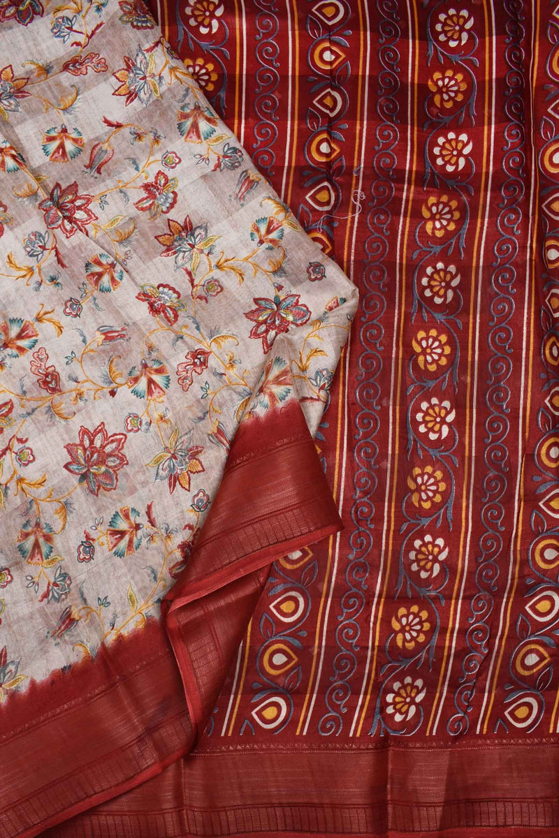 Light Beige Printed Cotton Self Check Floral Print Red Border Saree